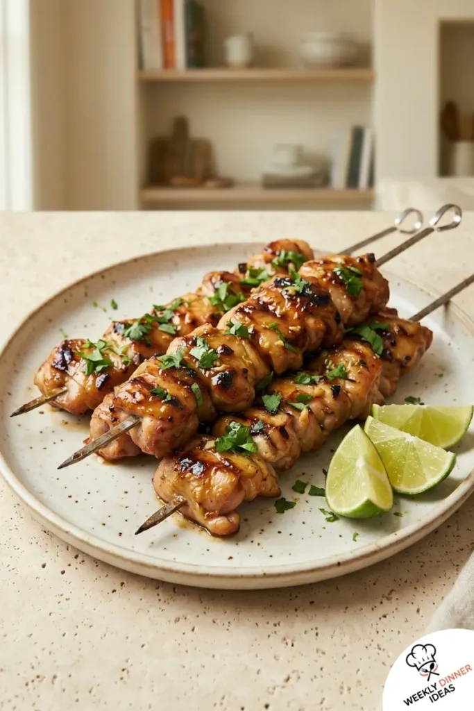 Final Honey Lime Chicken Thigh Kebabs Final plated honey lime chicken thigh kebabs with charred edges and lime wedges