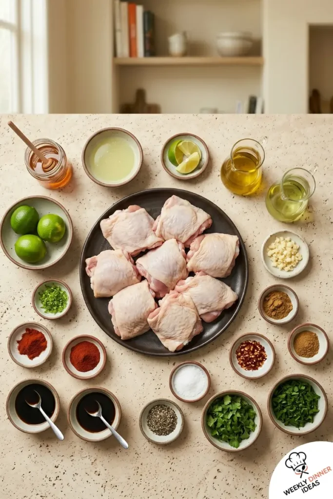 Honey Lime Chicken Thigh Kebabs Ingredients Ingredients for honey lime chicken thigh kebabs including chicken thighs, honey, lime, garlic, cumin, paprika, and cilantro