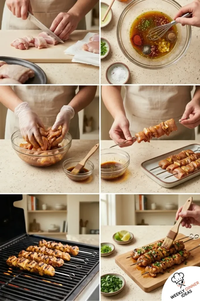 How to Make Honey Lime Chicken Thigh Kebabs Step-by-step collage showing how to make honey lime chicken thigh kebabs from marinating to skewering grilling and glazing