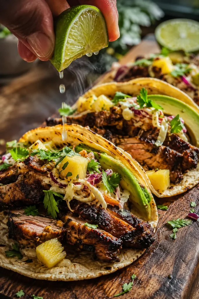 jerk-chicken-tacos-final Close-up of Jerk Chicken Tacos with pineapple slaw, charred chicken, avocado, cilantro, and lime.