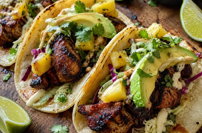 Jerk Chicken Tacos with charred chicken thighs, pineapple slaw, avocado, cilantro, lime wedges, and warm tortillas.