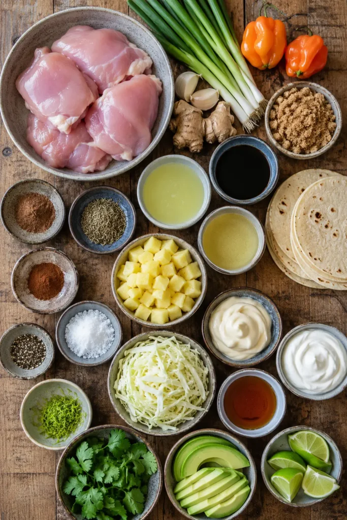 jerk-chicken-tacos-ingredients Ingredients for Jerk Chicken Tacos arranged on a rustic wooden kitchen table.