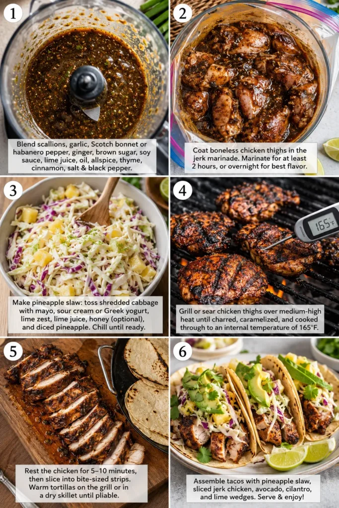 jerk-chicken-tacos-steps Six-step collage showing how to prepare Jerk Chicken Tacos.