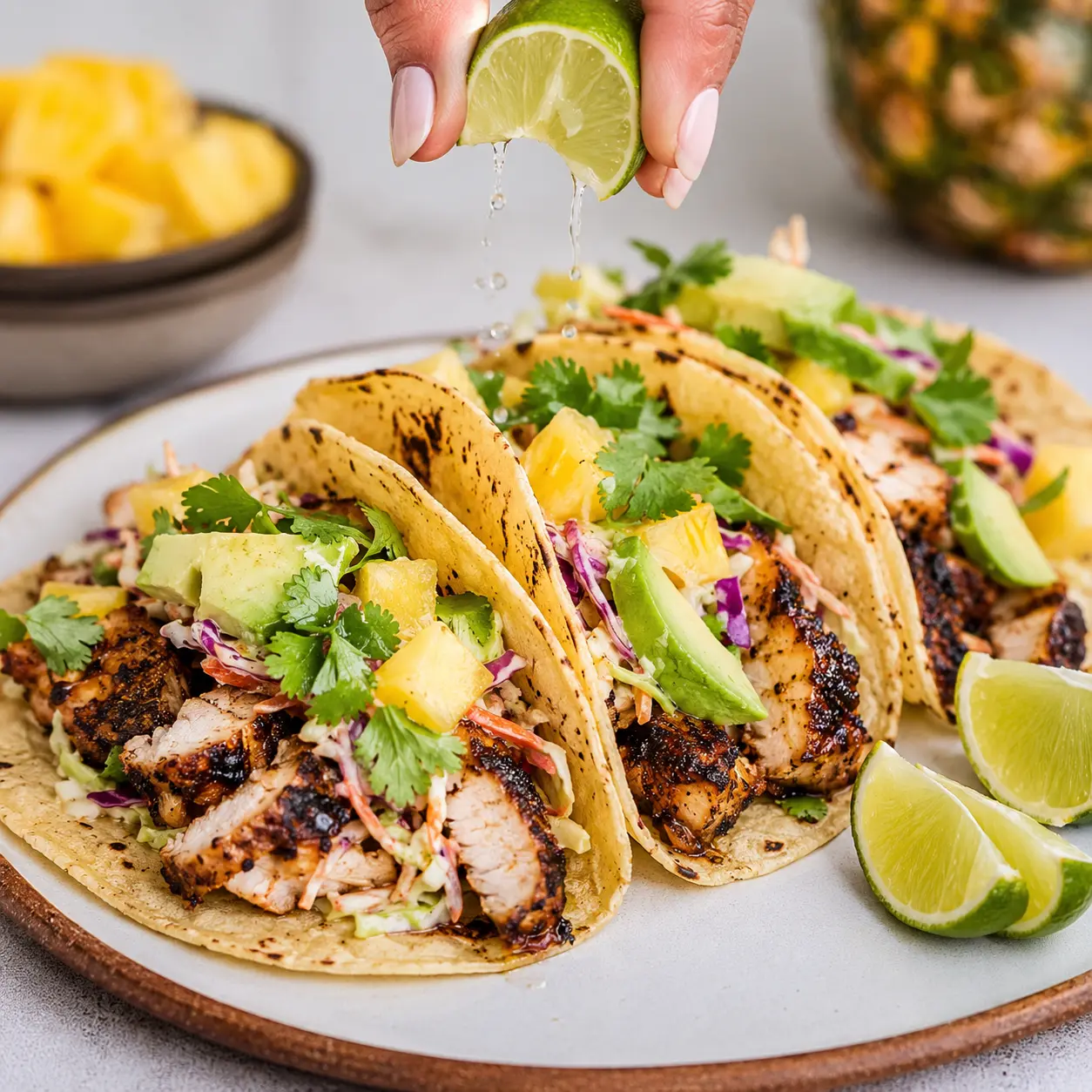 Satisfy Your Cravings with the Best Jerk Chicken Tacos Ever 1 Jerk Chicken Tacos arranged neatly for recipe card with pineapple slaw, avocado, cilantro, and lime wedges.