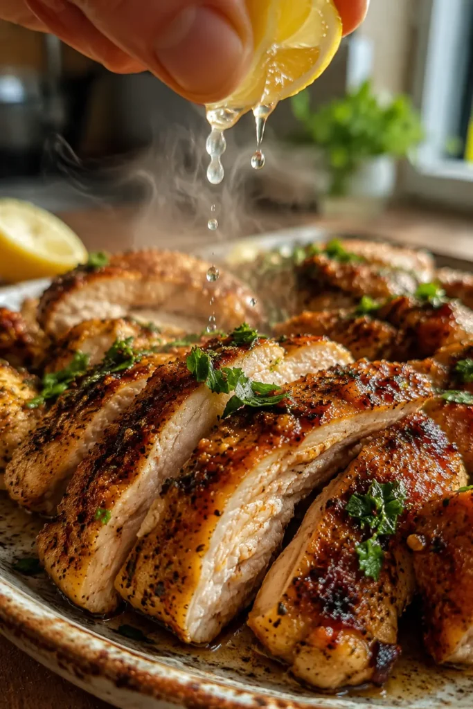 meal-prep-roasted-chicken-thighs-final Close-up of sliced Meal Prep Roasted Chicken Thighs with caramelized edges, parsley, and lemon.