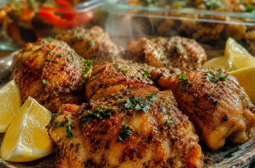 Meal Prep Roasted Chicken Thighs with caramelized edges, smoked paprika seasoning, lemon, parsley, and fresh meal prep sides.