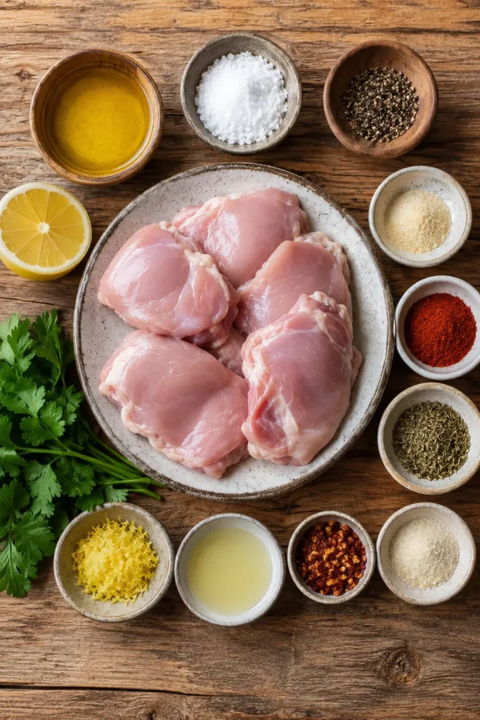 meal-prep-roasted-chicken-thighs-ingredients Ingredients for Meal Prep Roasted Chicken Thighs arranged on a rustic wooden kitchen table.