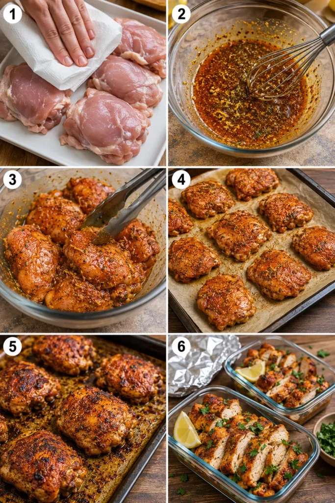meal-prep-roasted-chicken-thighs-steps Six-step collage showing how to prepare Meal Prep Roasted Chicken Thighs.