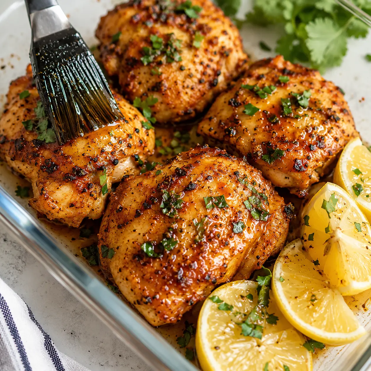 Easy Meal Prep Roasted Chicken Thighs in Just 30 Minutes! 1 Meal Prep Roasted Chicken Thighs arranged neatly for recipe card with lemon wedges and fresh herbs.