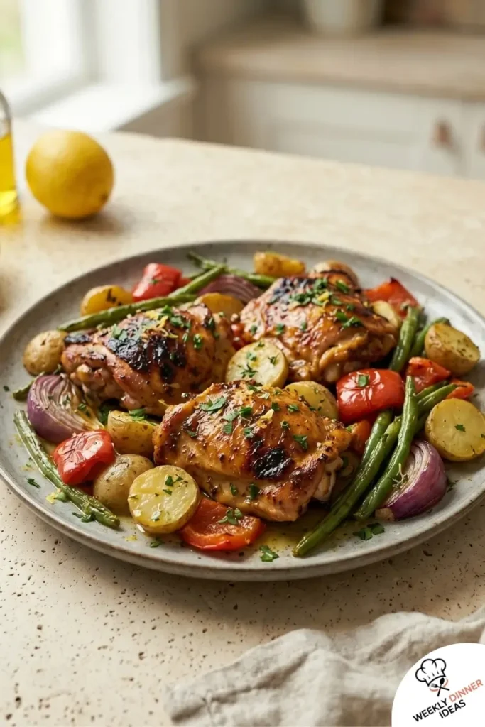 Final plated Sheet Pan Chicken Thigh Dinner with roasted chicken and vegetables