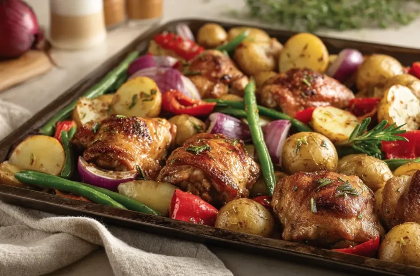 Sheet Pan Chicken Thigh Dinner with roasted chicken, potatoes, bell pepper, onion, and green beans