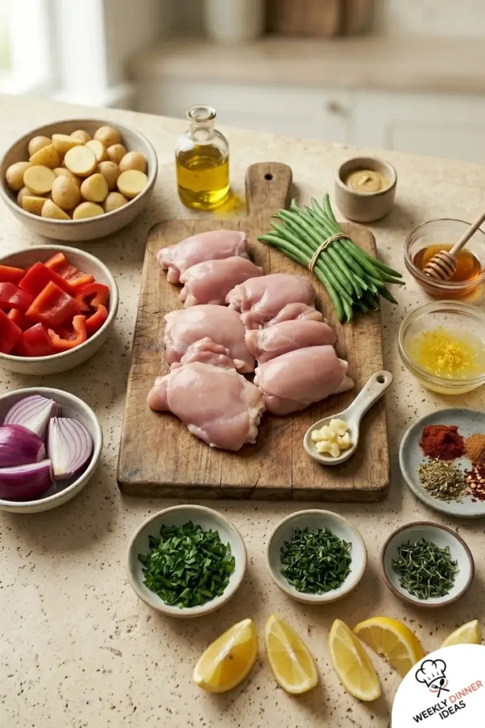 Ingredients for Sheet Pan Chicken Thigh Dinner including chicken thighs, potatoes, bell pepper, onion, green beans, lemon, Dijon, and garlic
