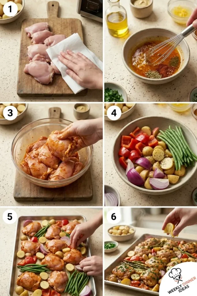 Step-by-step collage showing how to make Sheet Pan Chicken Thigh Dinner from marinating to roasting and finishing