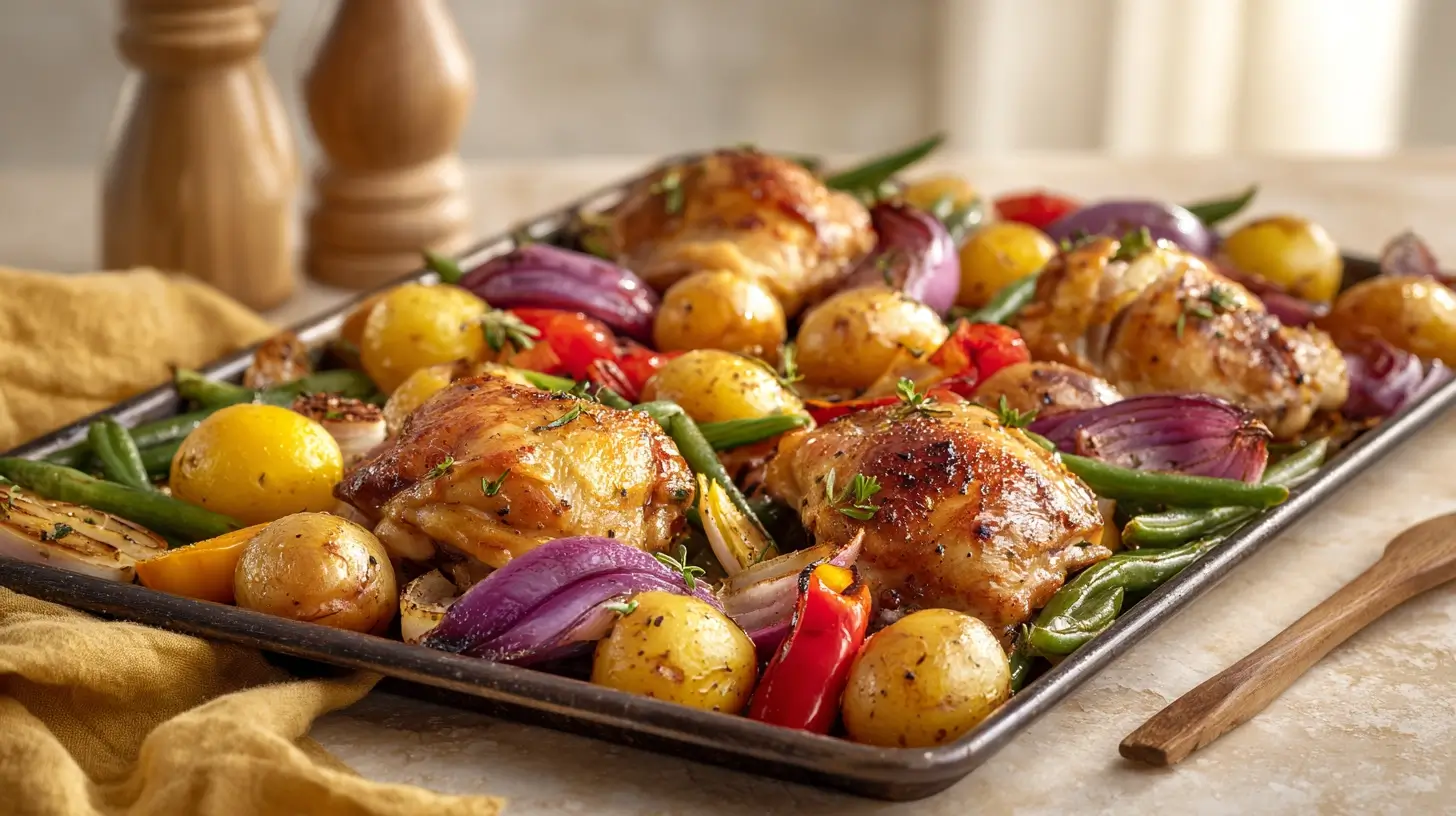 Square recipe image for Sheet Pan Chicken Thigh Dinner with roasted chicken and vegetables