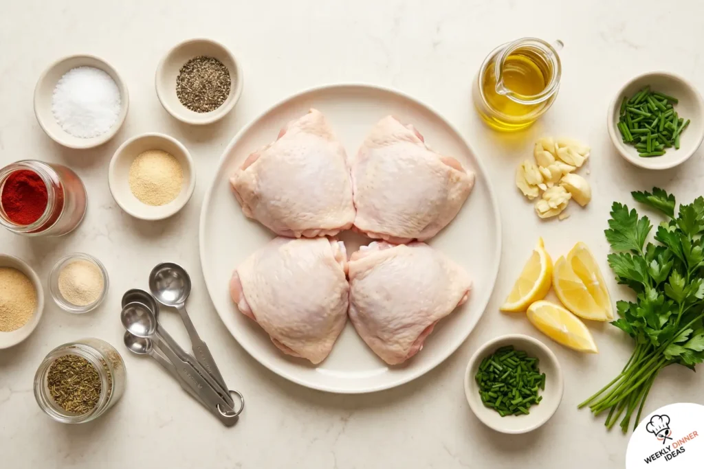Easy Oven Baked Chicken Thighs Ingredients Ingredients for easy oven baked chicken thighs including chicken thighs, olive oil, smoked paprika, garlic powder, onion powder, herbs, lemon, garlic, and parsley.