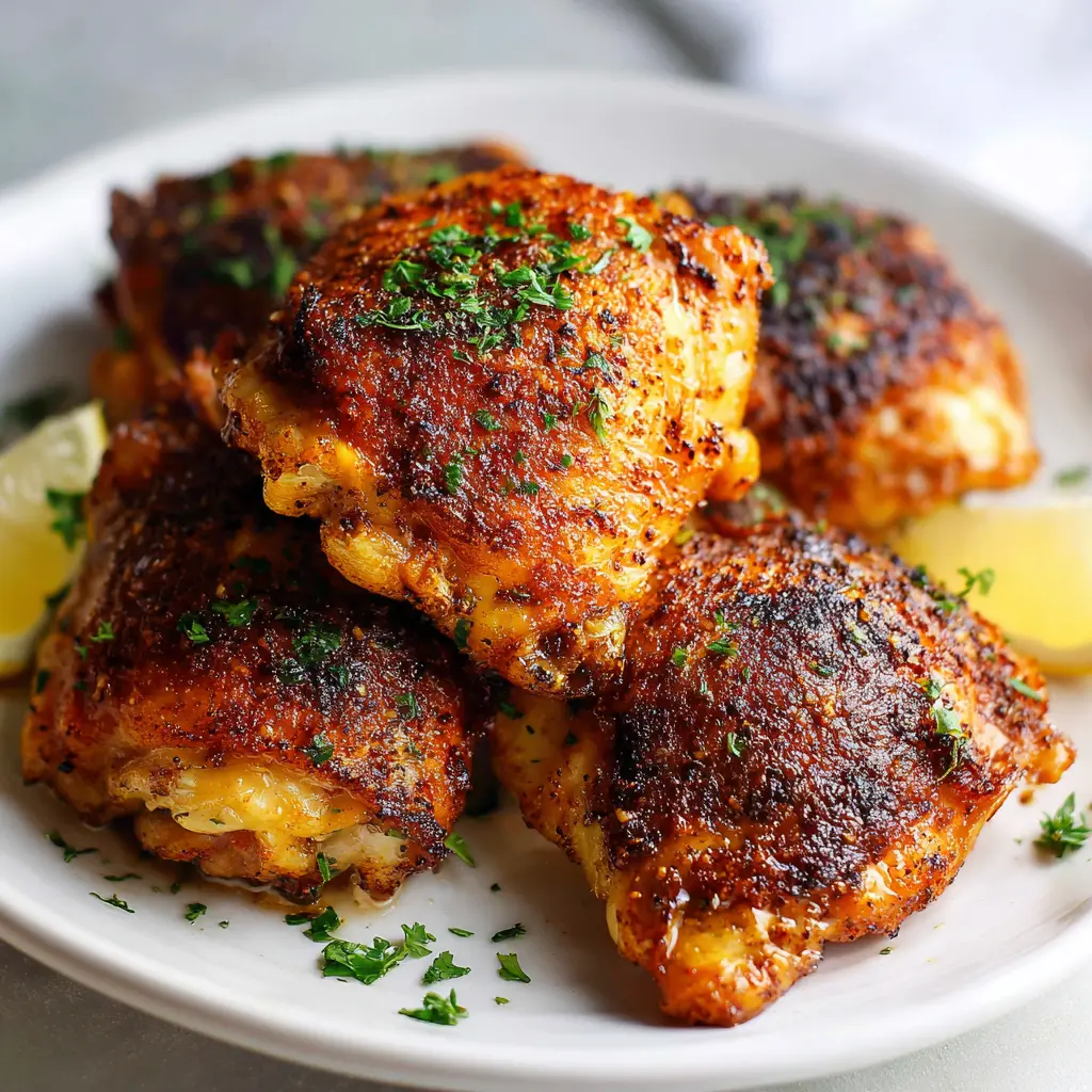 Discover the Ultimate Easy Oven Baked Chicken Thighs Recipe! 1 Square recipe image of easy oven baked chicken thighs with crispy golden skin, fresh herbs, and lemon wedges.