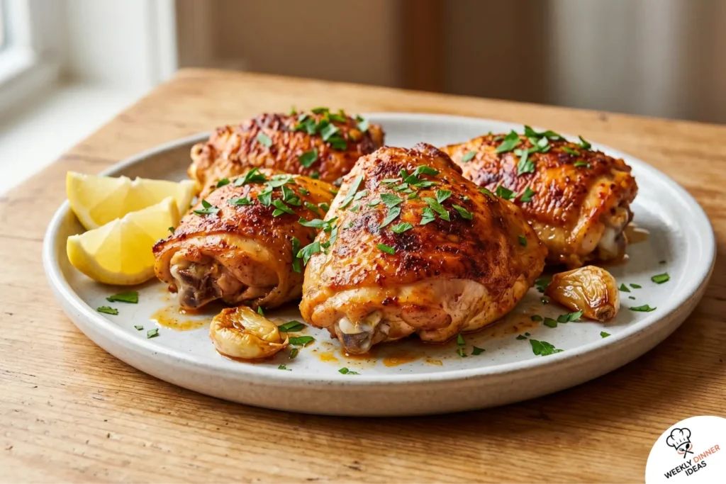 Finished Easy Oven Baked Chicken Thighs Finished oven baked chicken thighs with crispy golden skin, smoked paprika seasoning, parsley or chives, lemon wedges, and roasted garlic.