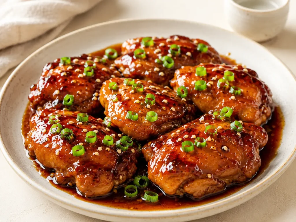 Finished Instant Pot teriyaki chicken thighs with sticky glossy sauce, green onions, and sesame seeds.