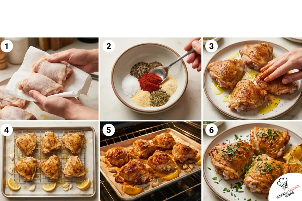 How to Make Easy Oven Baked Chicken Thighs Six-step photo collage showing how to dry, season, arrange, roast, rest, and garnish easy oven baked chicken thighs.