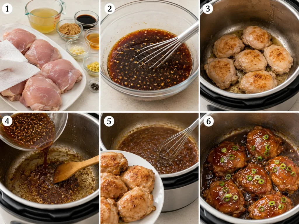 Six-step photo collage showing how to sear, pressure cook, thicken sauce, glaze, and garnish Instant Pot teriyaki chicken thighs.