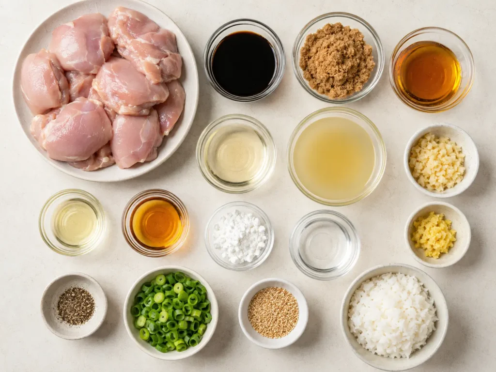 Ingredients for Instant Pot teriyaki chicken thighs including chicken, soy sauce, brown sugar, honey, mirin, garlic, ginger, cornstarch, green onions, sesame seeds, and rice.