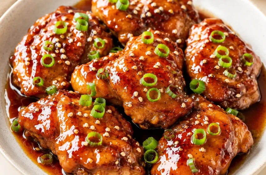 Instant Pot teriyaki chicken thighs with sticky glossy sauce, sliced green onions, and sesame seeds.
