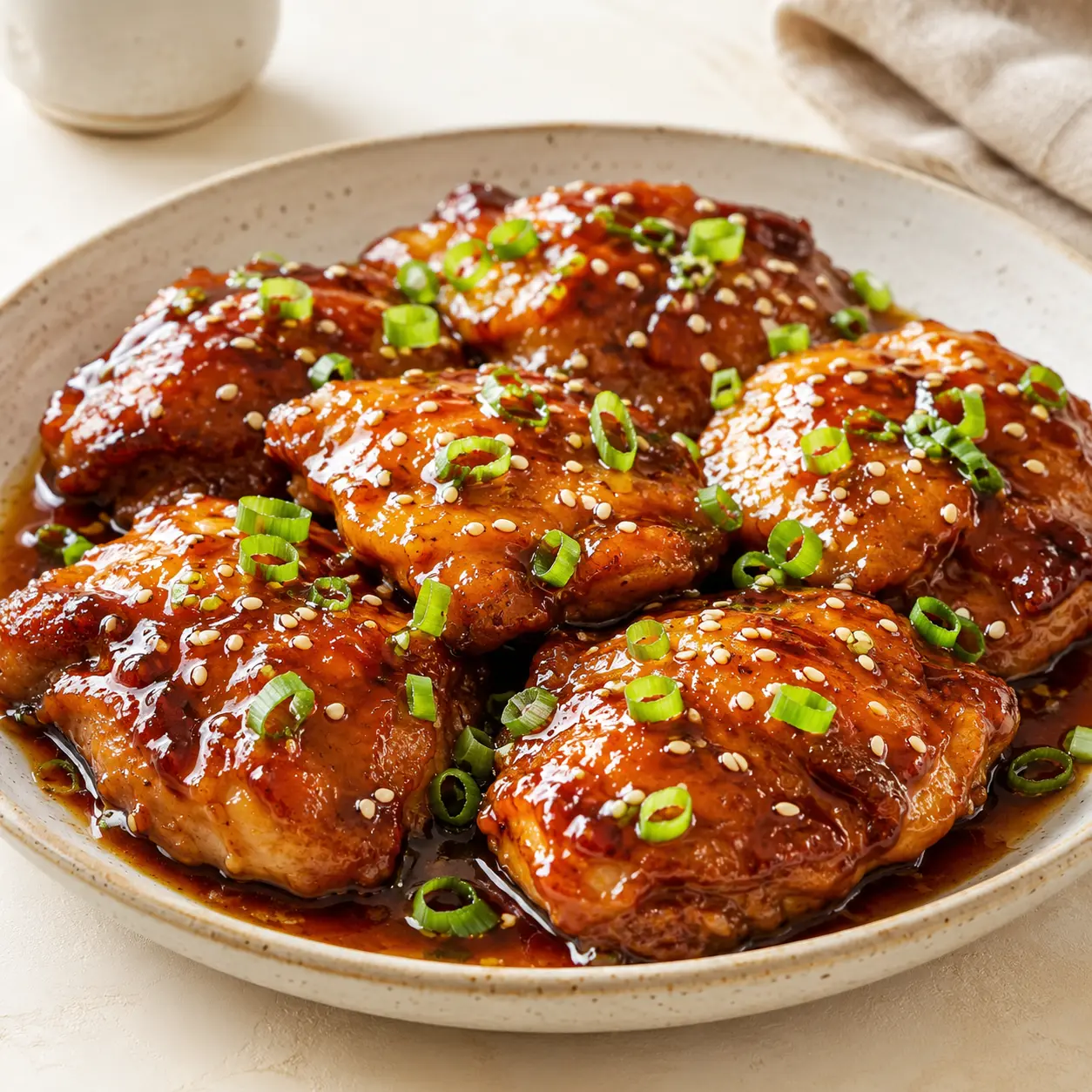 Square recipe image of Instant Pot teriyaki chicken thighs with glossy glaze, green onions, and sesame seeds.