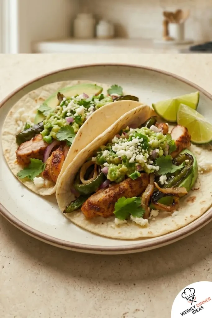 Final plated crispy poblano chicken tacos with avocado jalapeno salsa and roasted poblano strips