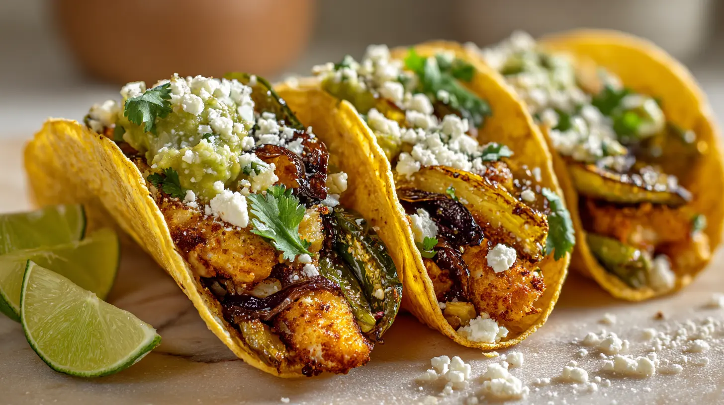 Crispy poblano chicken tacos with avocado jalapeno salsa, roasted poblano, and cilantro