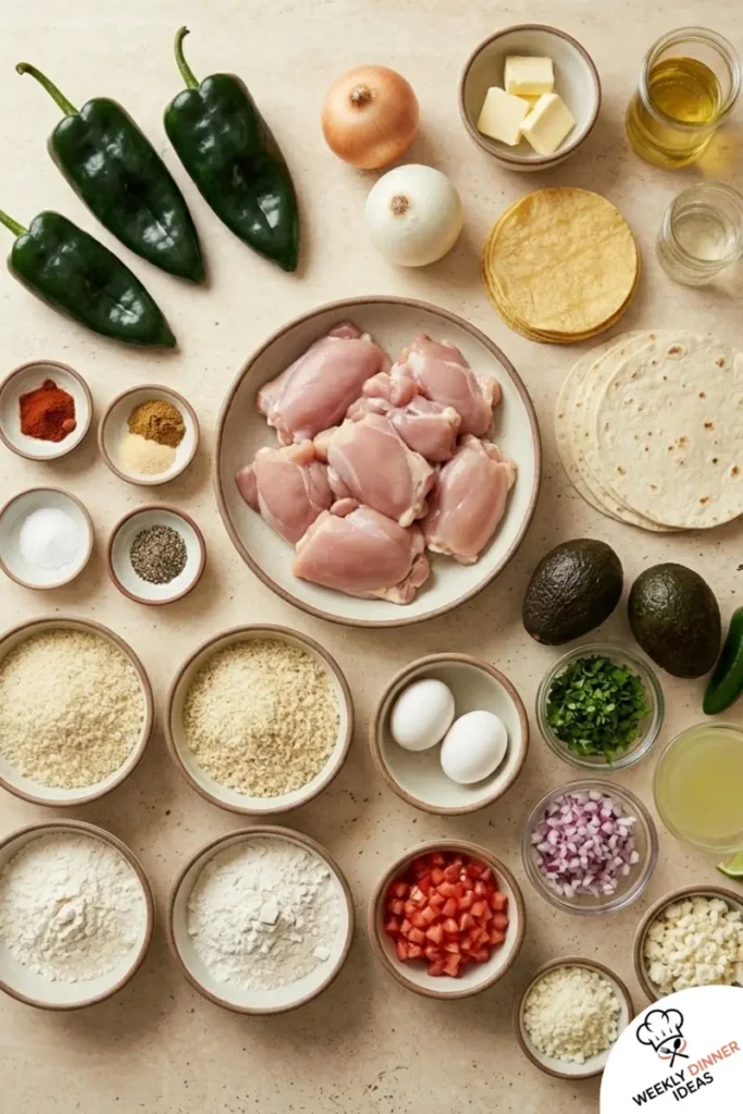 Ingredients for crispy poblano chicken tacos with avocado jalapeno salsa including chicken thighs, poblano peppers, avocado, jalapeno, tortillas, panko, and spices