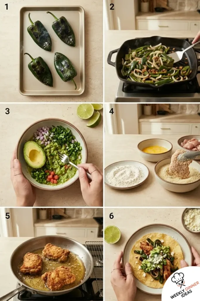 Step-by-step collage showing how to make crispy poblano chicken tacos with avocado jalapeno salsa