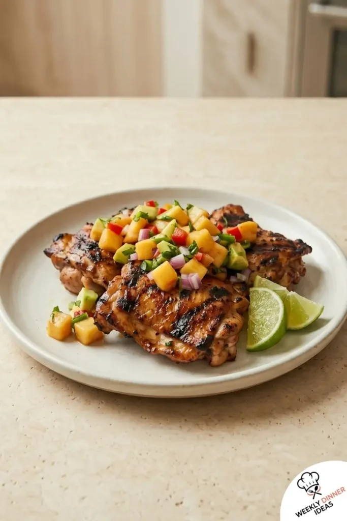 Final Grilled Chicken Thighs with Peach Salsa Final plated grilled chicken thighs with peach salsa, cilantro, and lime wedges