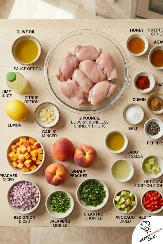 Grilled Chicken Thighs with Peach Salsa Ingredients Ingredients for grilled chicken thighs with peach salsa including chicken thighs, peaches, lime, garlic, red onion, cilantro, paprika, and cumin