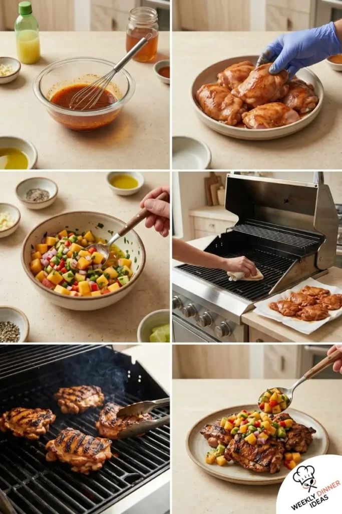 How to Make Grilled Chicken Thighs with Peach Salsa Step-by-step collage showing how to make grilled chicken thighs with peach salsa from marinating to grilling and serving