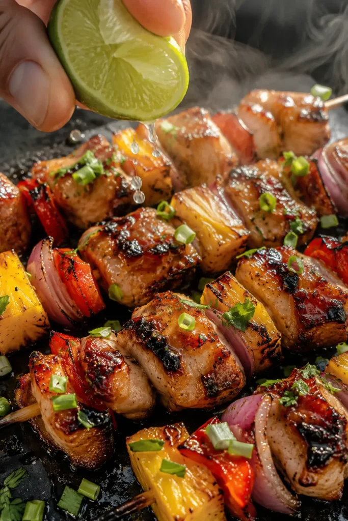 Close-up of Hawaiian Chicken Pineapple Kabobs with charred chicken, caramelized pineapple, red bell pepper, red onion, herbs, and lime.
