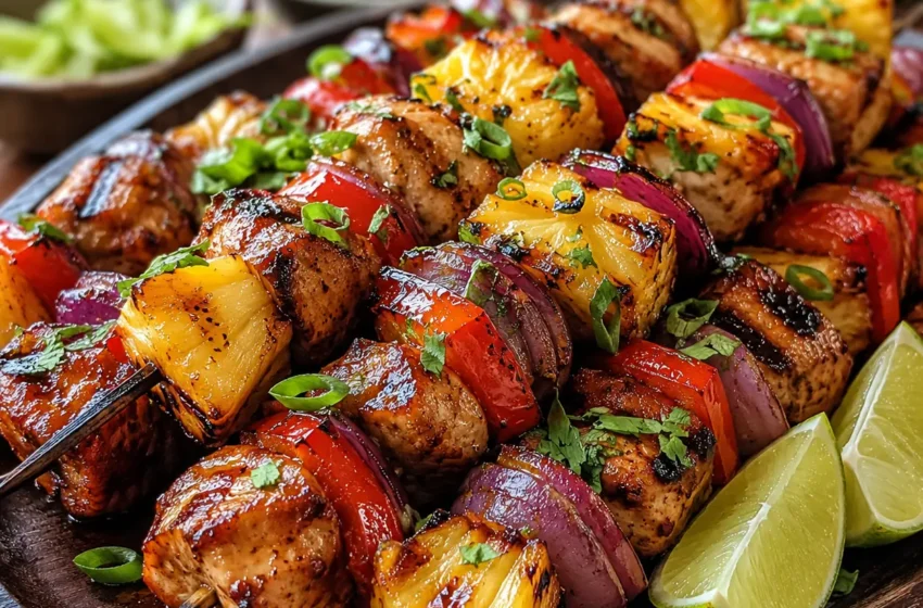 Hawaiian Chicken Pineapple Kabobs with grilled chicken thighs, caramelized pineapple, red bell pepper, red onion, cilantro, green onions, and lime wedges.