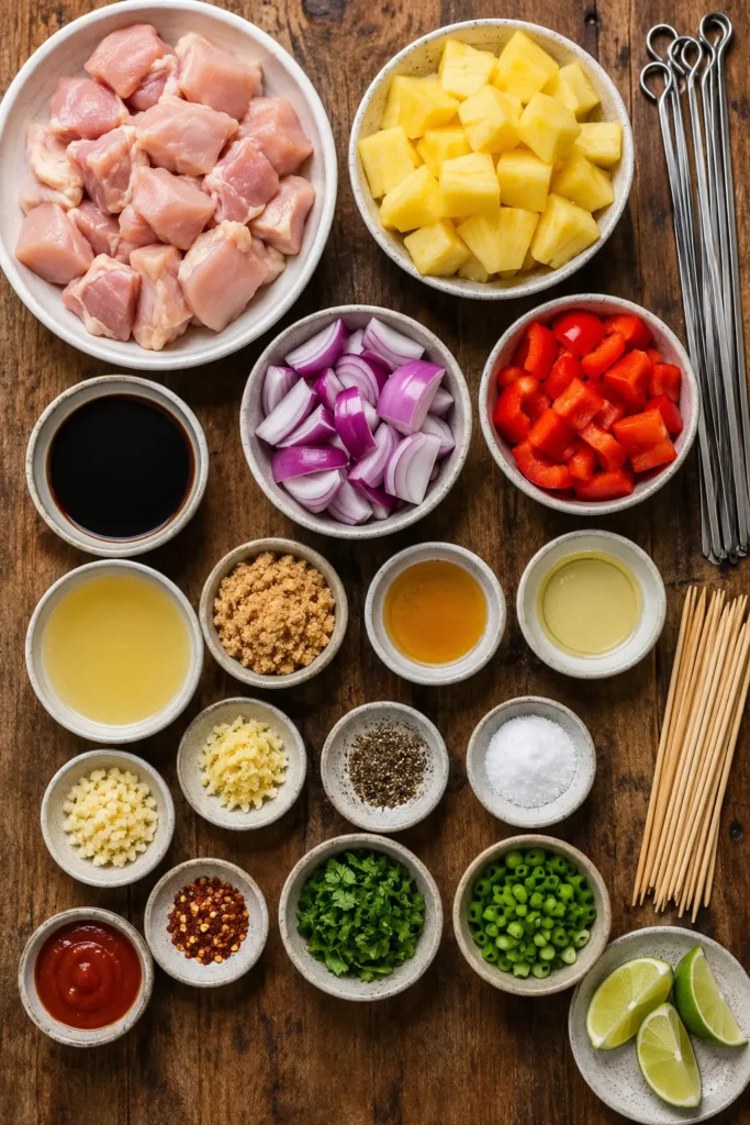 Ingredients for Hawaiian Chicken Pineapple Kabobs arranged on a rustic wooden kitchen table.