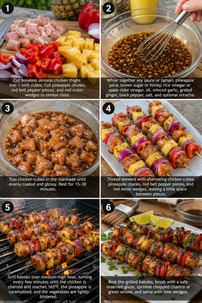Six-step collage showing how to prepare Hawaiian Chicken Pineapple Kabobs.