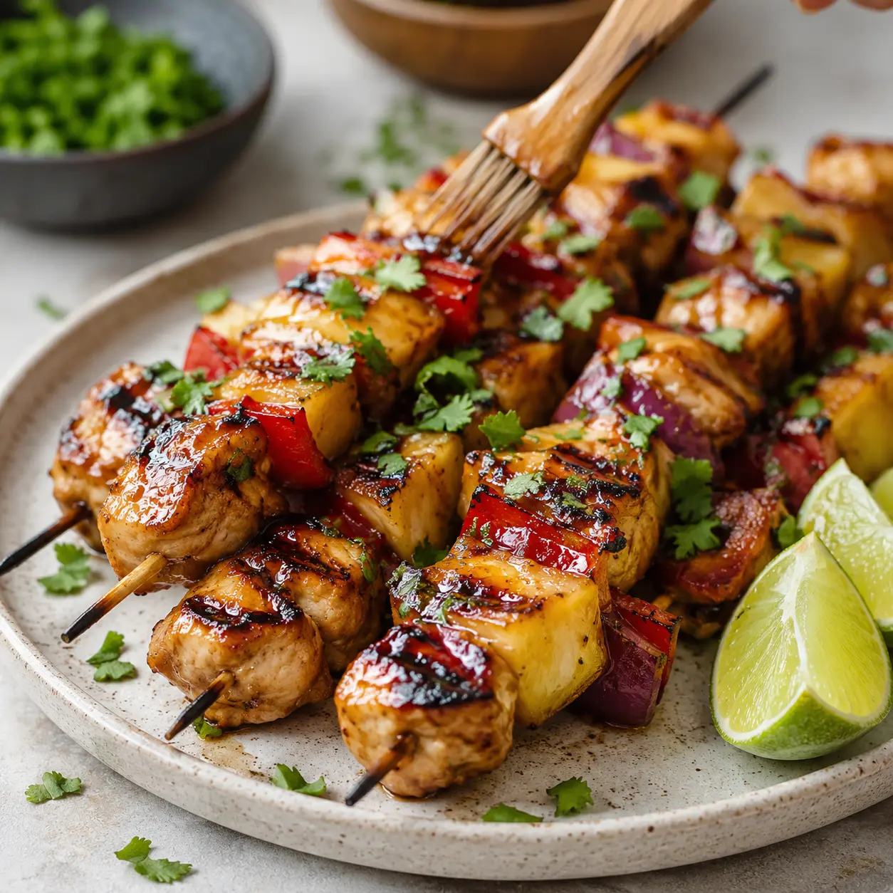 Hawaiian Chicken Pineapple Kabobs arranged neatly for recipe card with grilled pineapple, red bell pepper, red onion, herbs, and lime wedges.