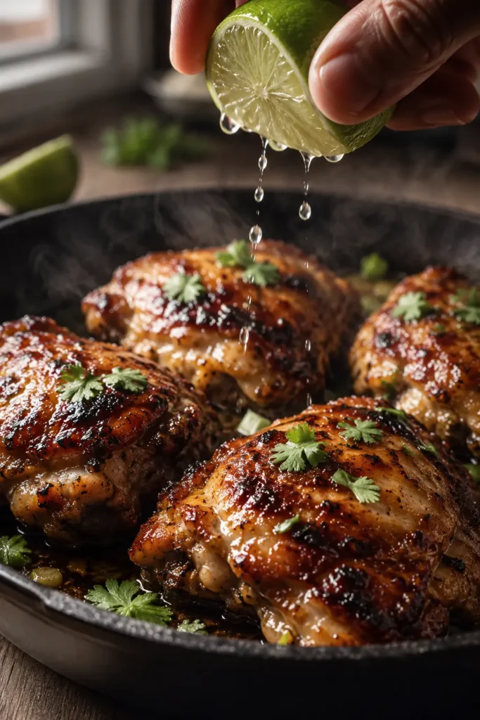 Close-up of Honey Lime Chicken Thighs with glossy honey-lime glaze and crisp skin, lime being squeezed over top.