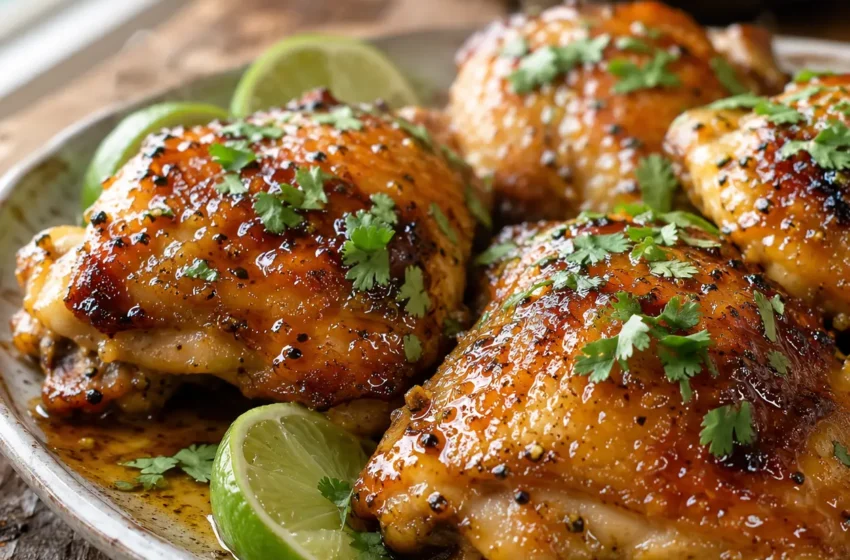 Honey Lime Chicken Thighs with sticky glaze, crisped skin, lime wedges, and fresh cilantro