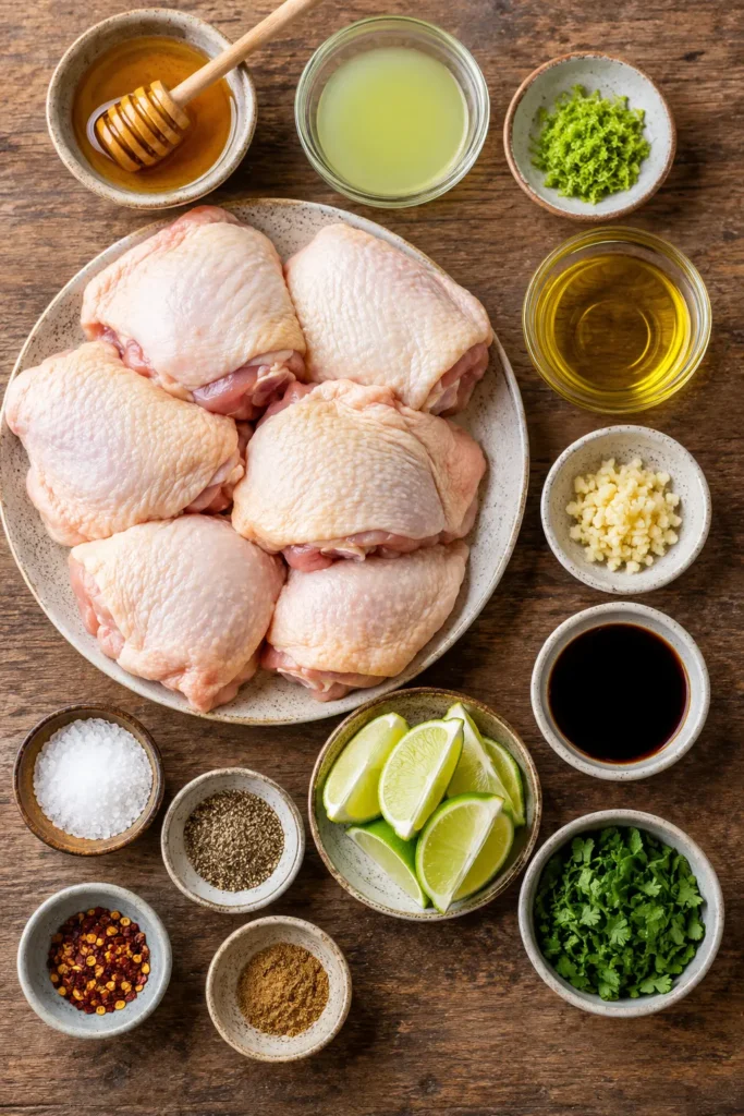 Ingredients for Honey Lime Chicken Thighs laid out on a rustic kitchen table