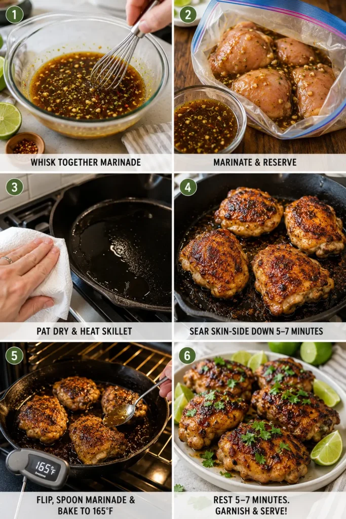 Six-panel collage showing preparation steps for Honey Lime Chicken Thighs
