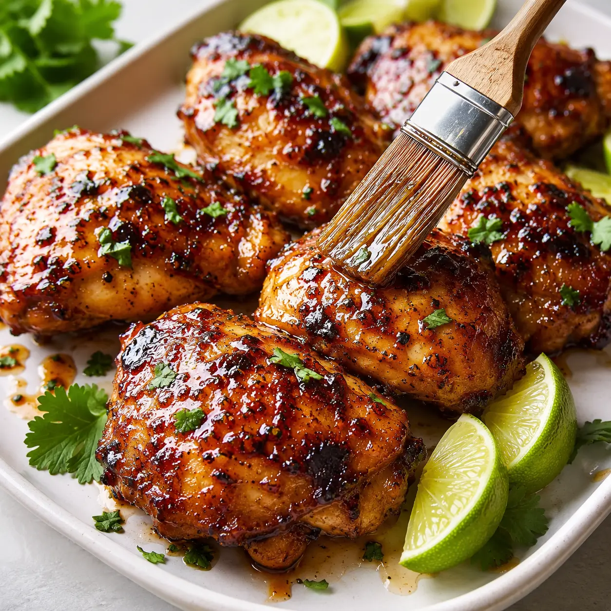 Honey Lime Chicken Thighs plated neatly for recipe card with lime wedges and cilantro.