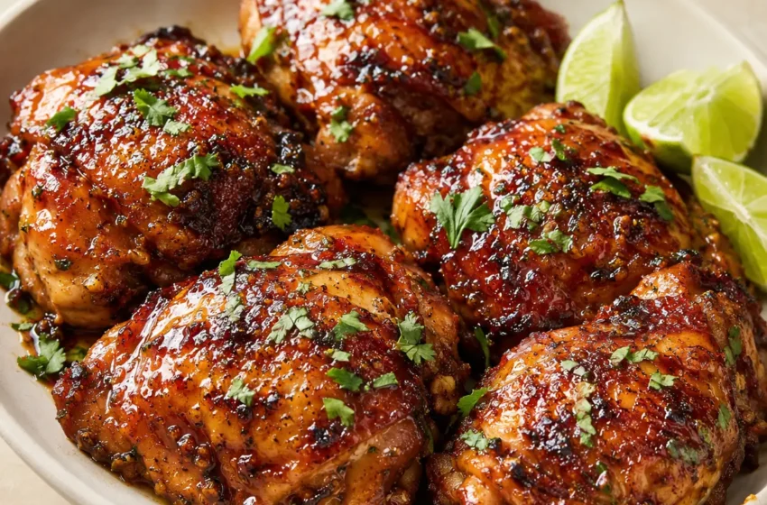 Chipotle honey lime chicken thighs with crispy golden skin, sticky smoky glaze, cilantro, and lime wedges.