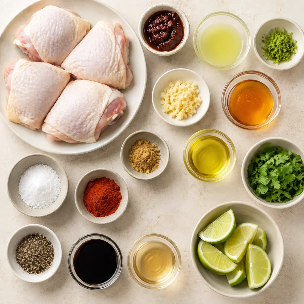 Chipotle Honey Lime Chicken Thighs Ingredients Ingredients for chipotle honey lime chicken thighs including chicken, chipotle, lime, honey, olive oil, garlic, cumin, smoked paprika, soy sauce, vinegar, and cilantro.