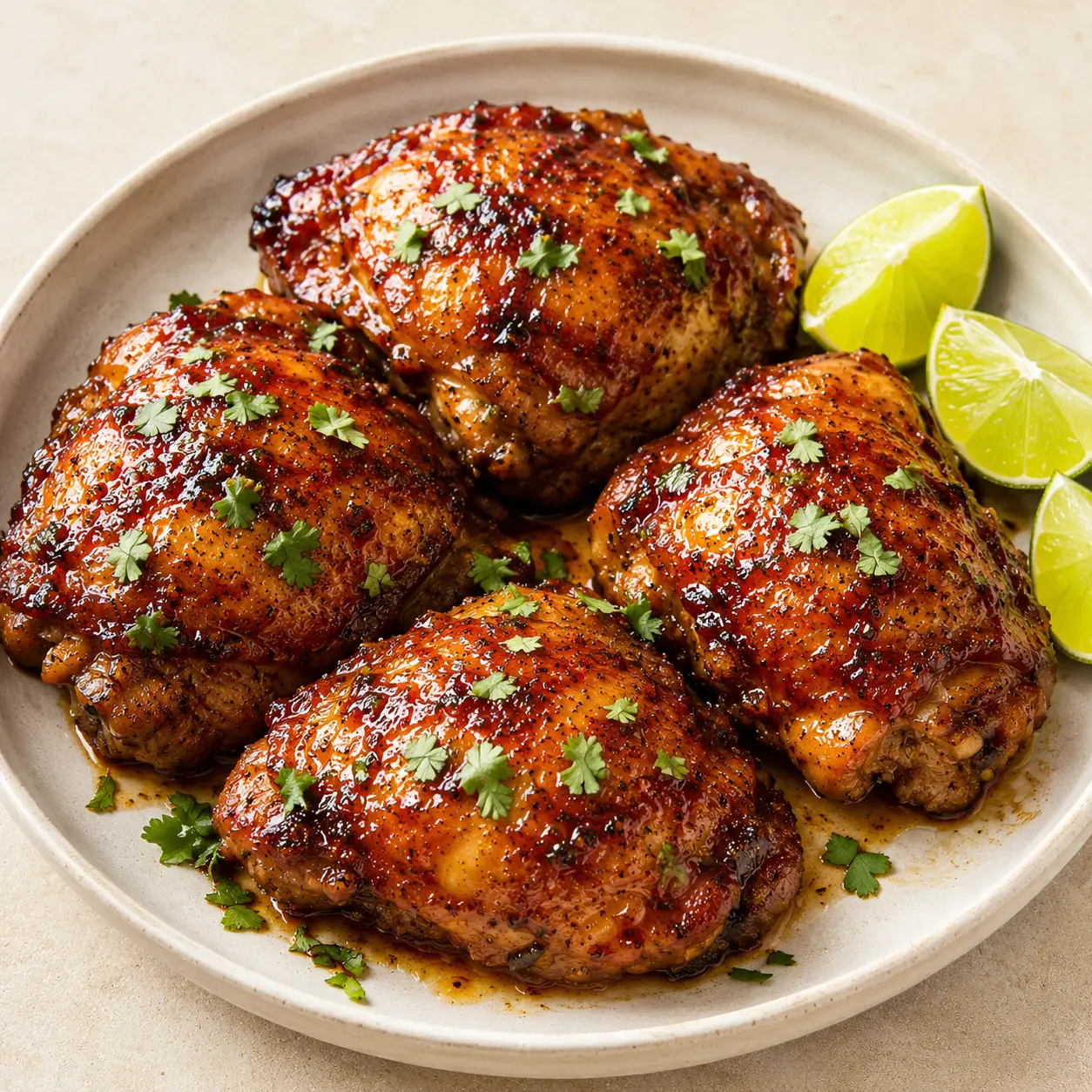 Discover the Ultimate Chipotle Honey Lime Chicken Thighs Recipe! 1 Square recipe image of chipotle honey lime chicken thighs with crispy skin, sticky glaze, cilantro, and lime wedges.