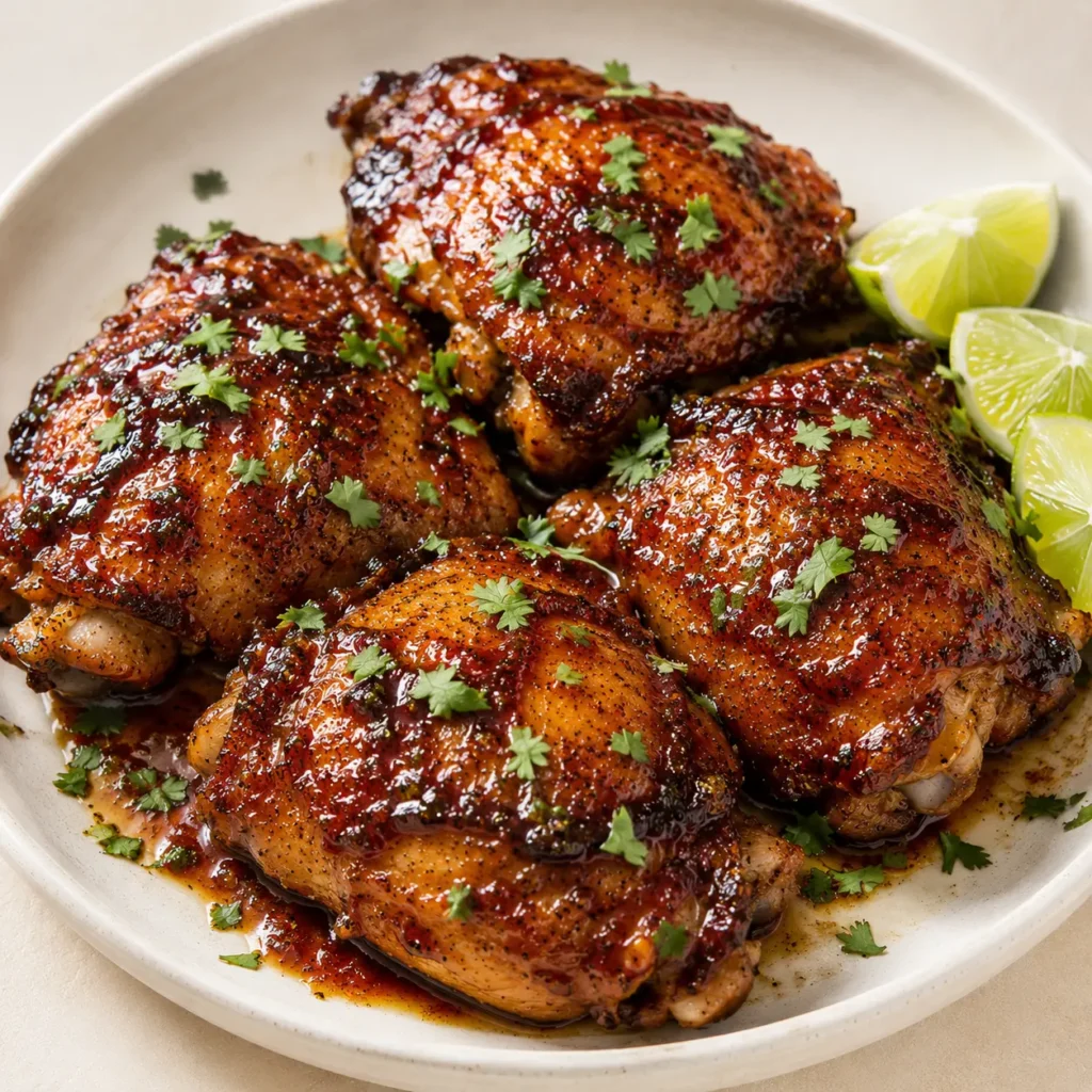 Finished Chipotle Honey Lime Chicken Thighs Finished chipotle honey lime chicken thighs with crispy skin, sticky smoky glaze, cilantro, and lime wedges.