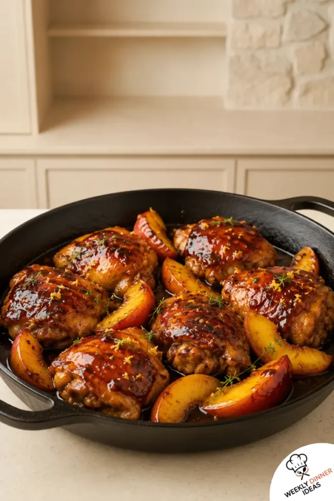 Finished Honey Balsamic Chicken Thighs with Peaches Finished honey balsamic chicken thighs with caramelized peaches, glossy glaze, fresh basil or thyme, and lemon zest.