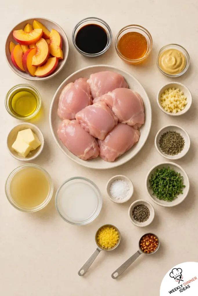 Honey Balsamic Chicken Thighs with Peaches Ingredients Ingredients for honey balsamic chicken thighs with peaches including chicken, peaches, balsamic vinegar, honey, Dijon, garlic, thyme, basil, and lemon zest.